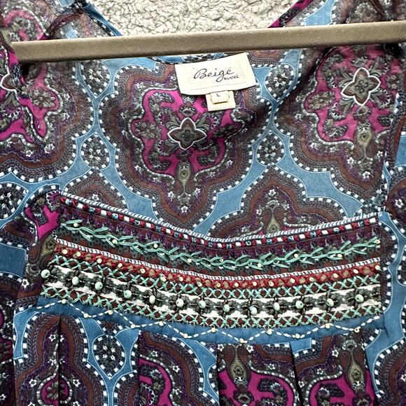 Beige by eci Large Sheer Blouse Beaded Neckline Colorful Boho Feminine Flowy - Picture 4 of 9